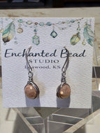 Earrings-Aurora Borealis Peach Moonstone Antique Silver Plate Wire Wrapped-10mm