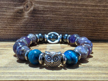 Load image into Gallery viewer, Fung Shui Bracelet Blue Tiger Eye &amp; Amethyst &amp; Owl
