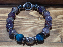 Load image into Gallery viewer, Fung Shui Bracelet Blue Tiger Eye &amp; Amethyst &amp; Owl
