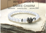 Fung Shui Bracelet White Jade Silver Hematite-SS Snake Charm 6mm