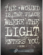 Load image into Gallery viewer, The Wound is the Place Where the Light Enters, Retro Tee: Small
